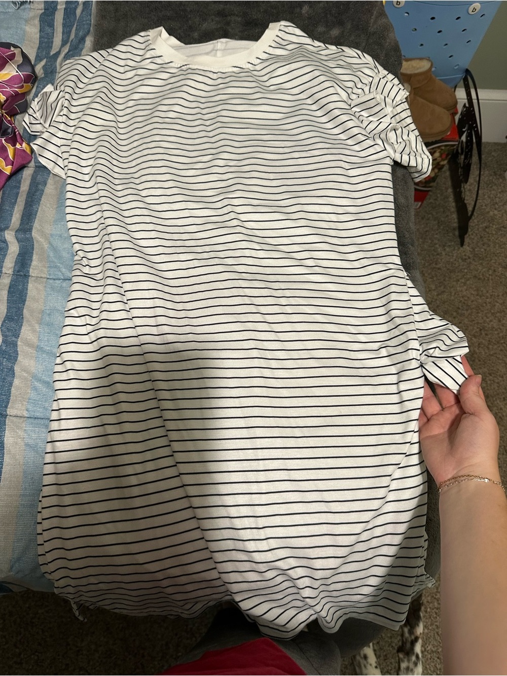 White Tee Dress with Thin Black Stripes
